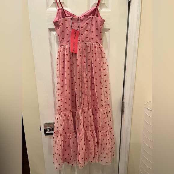 Betsey Johnson Sequin-Heart Bustier Dress. Metallic Heart Print Mesh Midi Dress - Picture 7 of 7